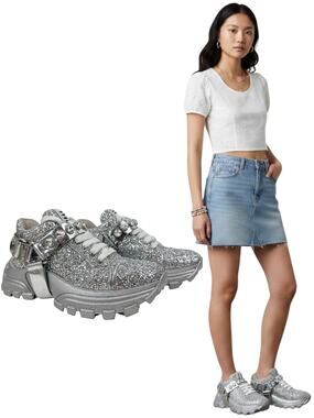 Miu Miu Monstar Glitter Sequins Crytals Low Top Sneakers Silver Size 39